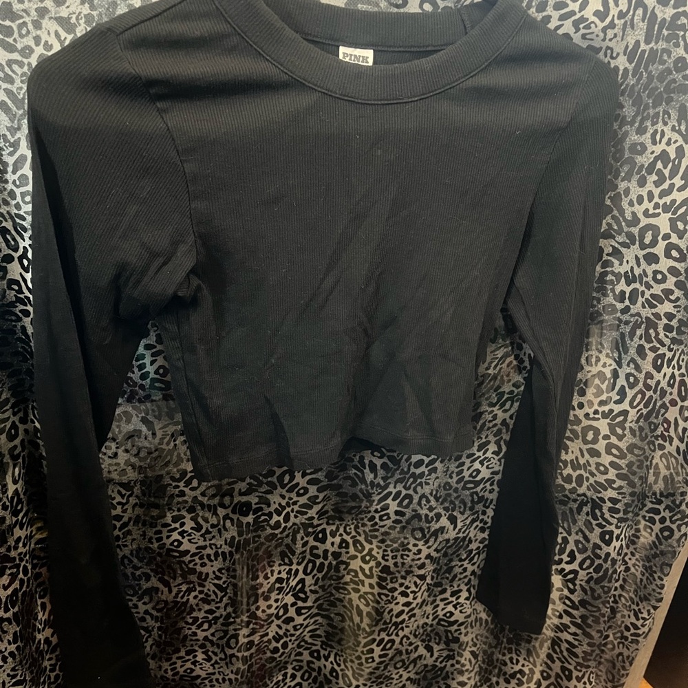 PINK Victoria's Secret Black Ribbed Long-Sleeve Crop Tee